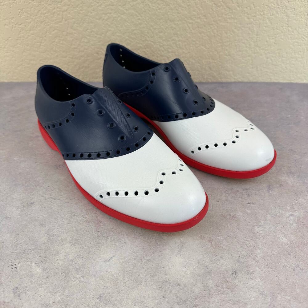 Biion Oxford Wingtip Golf Shoe Spikeless Slipon Red White Blue Mens 10